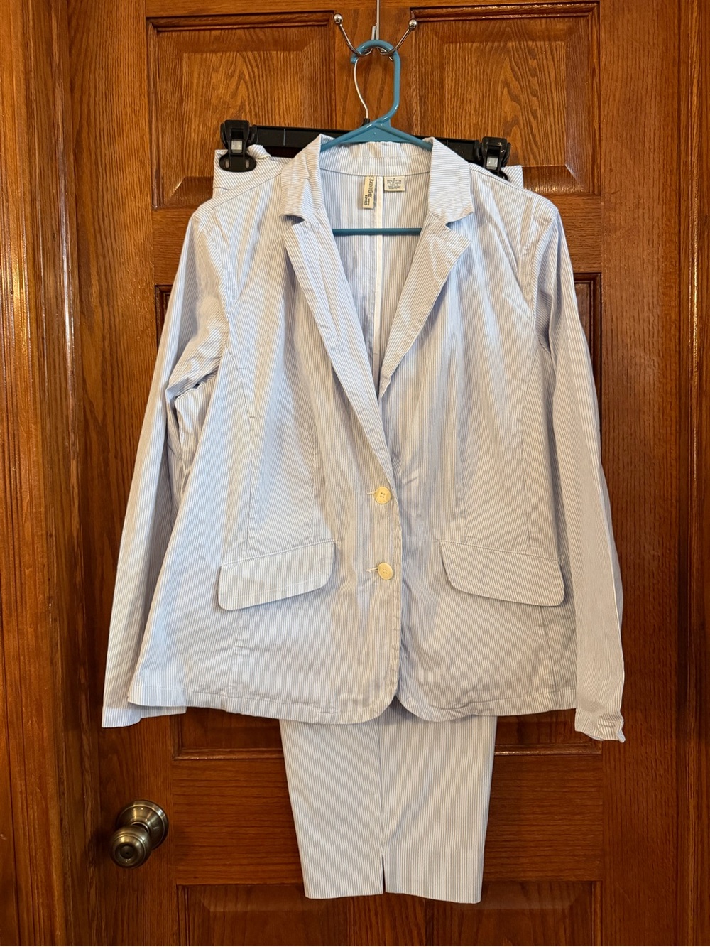 St John’s Bay Stretch Pant Suit Jacket 1X Cropped Pants 20W Blue & White Stripe